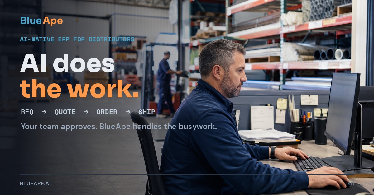 Distributor employee working at a computer with warehouse racks behind him. Text reads: AI does the work. RFQ to quote to order to ship.