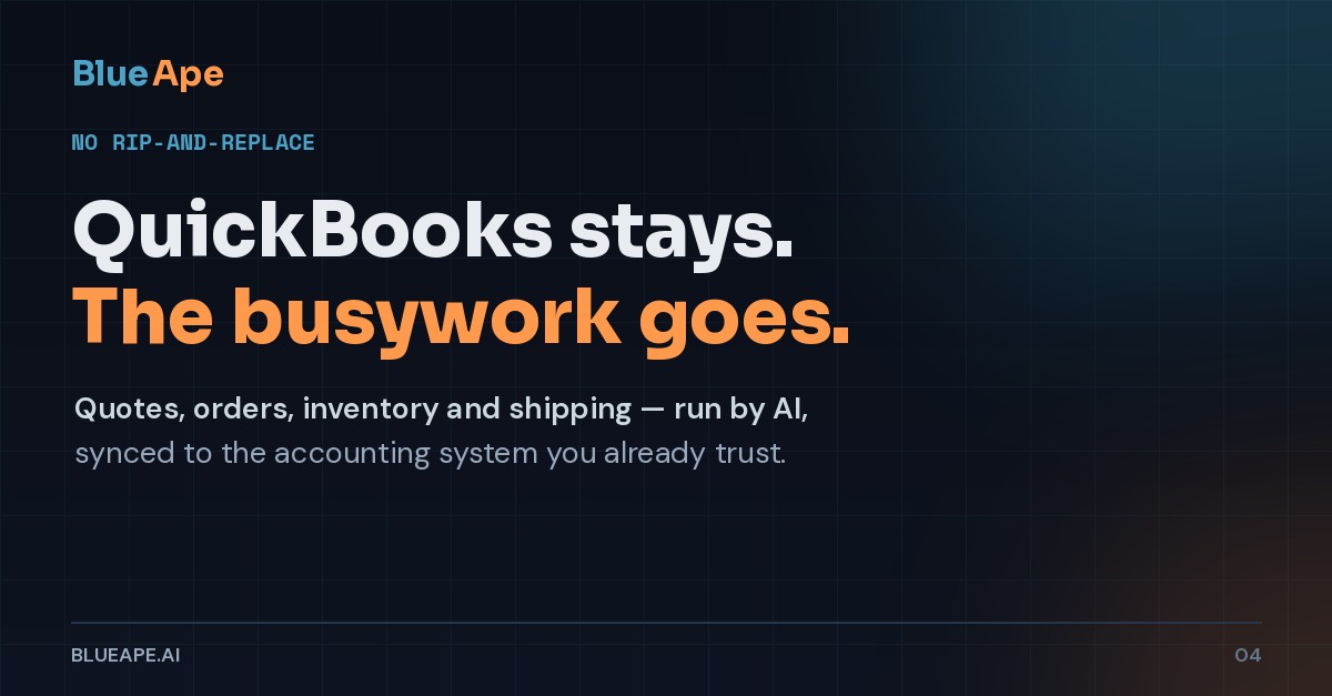 BlueApe navy graphic reading: QuickBooks stays. The busywork goes.